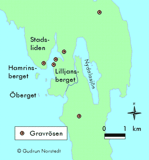 Karta över Nydalaområdet ca 1000 f.Kr. med markerade bronsåldersrösen.