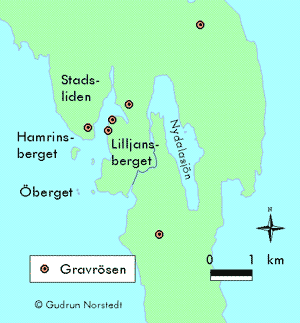 Karta ver Nydalaomrdet ca 1000 f.Kr. med markerade bronsldersrsen.