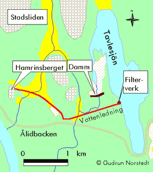 Karta över vattenledningen från Nydalasjön till Hamrinsberget.