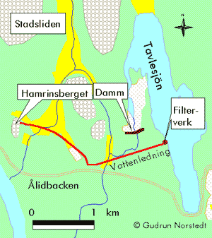 Karta ver vattenledningen frn Nydalasjn till Hamrinsberget.